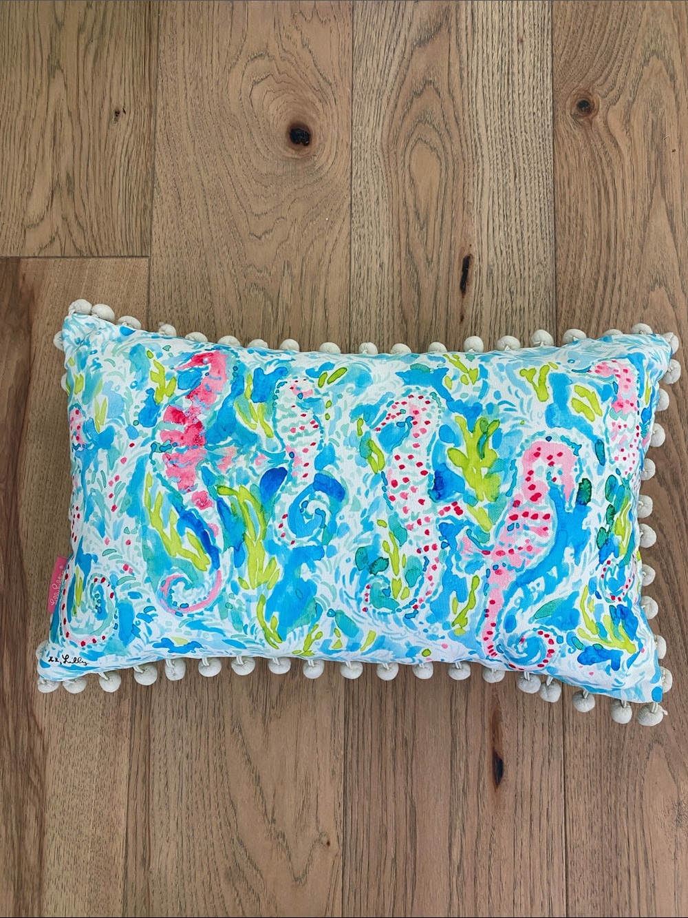 Lilly Pulitzer Blue Pink Green Seahorse Pom Trim Accent Pillow